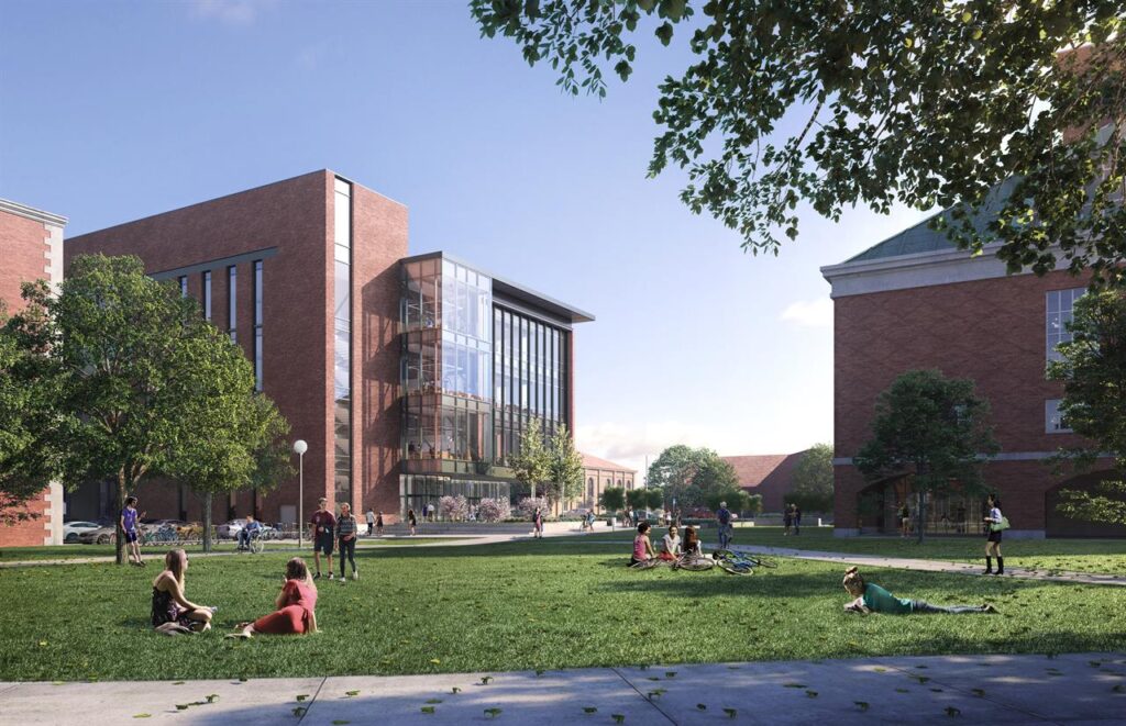 rendering of a view of the Campus Instructional Facility from the Bardeen Quad