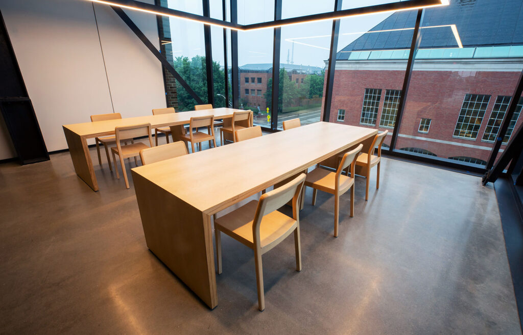 group study area in CIF overlooking Grainger Library and the Bardeen Quad
